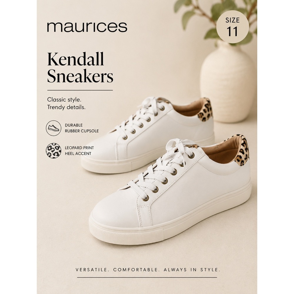 NEW Maurices Kendall Sneakers Women Size 11 White‎ Leopard Print Heel Lace Up